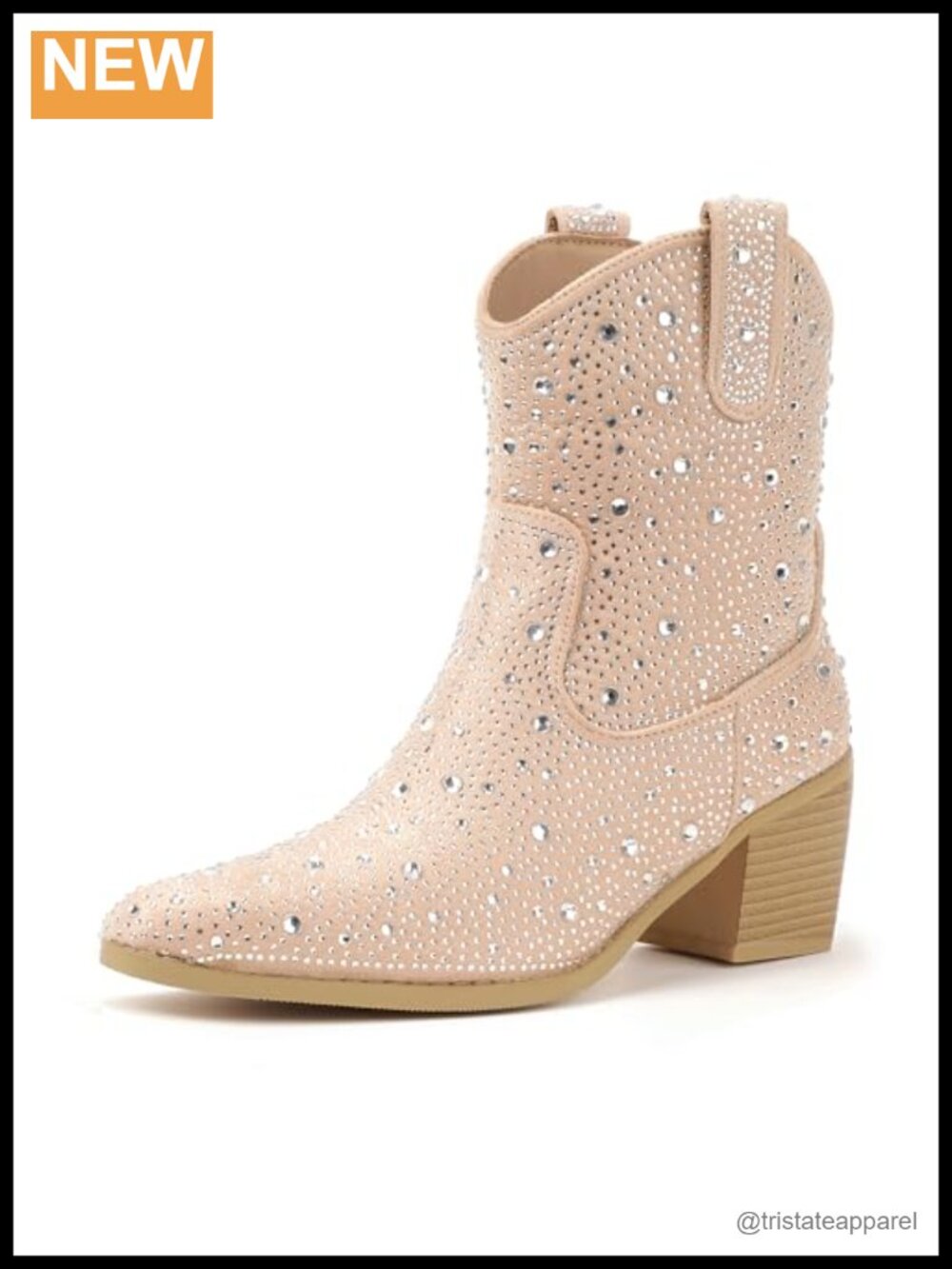 Rhinestone Cowboy Ankle Booties Pointed Toe Block Heel Slip On Western Boots